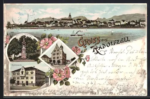 Lithographie Radolfzell, Oesterreichisches Schlösschen, Rathaus, Scheffel-Denkmal