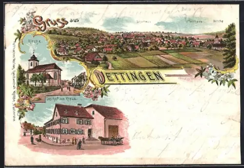 Lithographie Dettingen / Horb, Gasthof zum Kreuz, Kirche, Schulhaus, Pfarrhaus