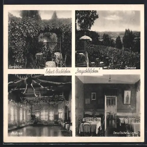 AK Erfurt-Bischleben, Gaststätte Bergschlösschen P. H. Schnellhardt, Terrasse, Saal, Gesellschaftszimmer