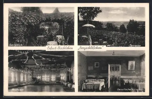 AK Erfurt-Bischleben, Gaststätte Bergschlösschen P. H. Schnellhardt, Terrasse, Saal, Gesellschaftszimmer