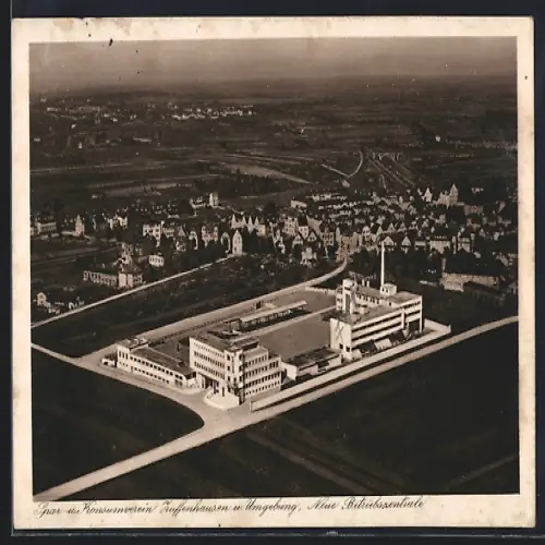 AK Zuffenhausen, Spar- und Konsumverein, Neue Betriebszentrale mit Ortsansicht, Fliegeraufnahme, Bauhaus