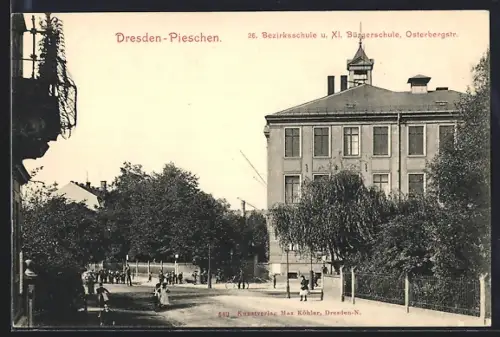 AK Dresden-Pieschen, Bezirksschule u. XI. Bürgerschule, Osterbergstrasse, Strassenansicht mit Schulkindern