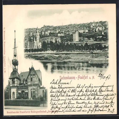 AK Sachsenhausen /Frankfurt a. M., Bootshaus der Frankfurter Rudergesellschaft Germania, Ortsansicht vom Wasser aus