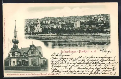 AK Sachsenhausen /Frankfurt a. M., Bootshaus der Frankfurter Rudergesellschaft Germania, Ortsansicht vom Wasser aus