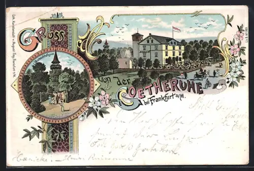 Lithographie Frankfurt-Sachsenhausen, Gaststätte Goetheruhe mit Strasse aus der Vogelschau, Aussichtsturm