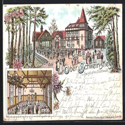 Lithographie Frankfurt-Sachsenhausen, Gasthaus Ober-Schweinstiege im Frankfurter Stadtwald, Innenansicht