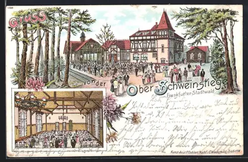 Lithographie Frankfurt-Sachsenhausen, Gasthaus Ober-Schweinstiege im Frankfurter Stadtwald, Innenansicht