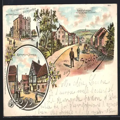 Lithographie Seckbach /Frankfurt a. M., Gasthaus Restauration zum Heimgarten, Hauptstrasse mit Hochstadt-Blick