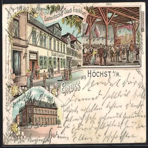 Lithographie Frankfurt-Höchst, Gasthaus Stadt Frankfurt, Post, Halle
