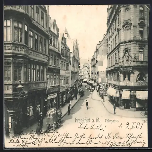 AK Alt-Frankfurt, Fahrgasse, Strassenpartie mit Gasthaus und Fuhrwerk aus der Vogelschau