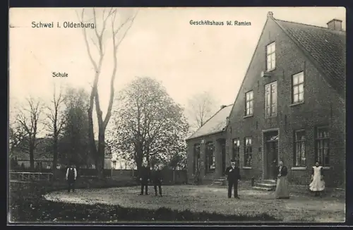AK Schwei i. Oldenburg, Geschäftshaus W. Ramien mit kleiner Versammlung und Schule