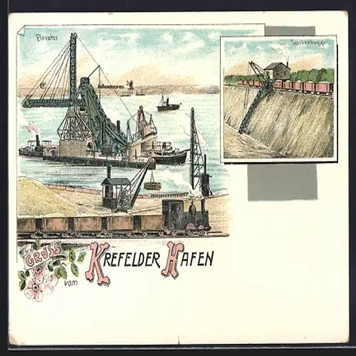 Lithographie Krefeld, Hafen, Elevator, Trockenbagger, Kleinbahn