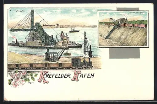 Lithographie Krefeld, Hafen, Elevator, Trockenbagger, Kleinbahn