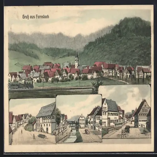 Künstler-AK sign. Hans Pernat: Fornsbach, Strassenpartien mit Brücke, Ortspanorama mit Eisenbahn