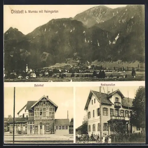 AK Ohlstadt, Bahnhof, Restauration und Ortsansicht