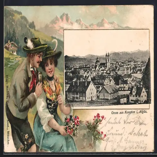 Passepartout-Lithographie Kempten i. Allgäu, Blick über die Dächer, Trachtenpaar in den Bergen