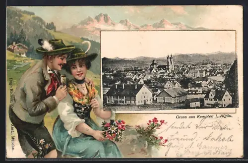 Passepartout-Lithographie Kempten i. Allgäu, Blick über die Dächer, Trachtenpaar in den Bergen