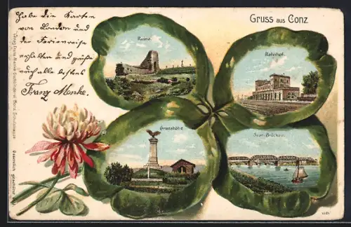 Passepartout-Lithographie Conz, Ruine, Bahnhof, Granahöhe u. Saar-Brücken im Kleeblatt