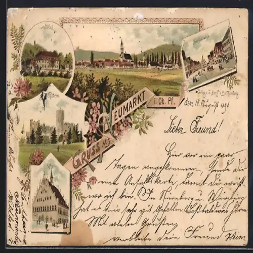 Lithographie Neumarkt / Obpf., Wildbad, Marktstrasse, Ortspanorama, Blumen