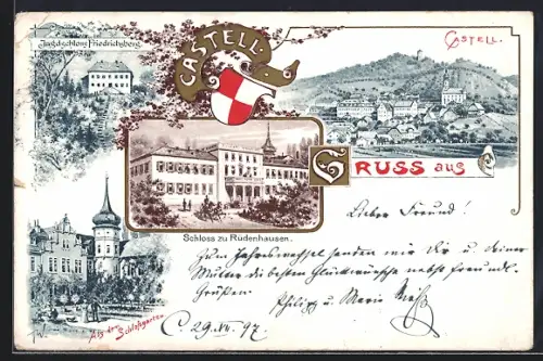 Lithographie Castell, Jagdschloss Friedrichsberg, Schloss zu Rüdenhausen, Schlossgarten