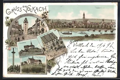 Lithographie Volkach, Obere Hauptstrasse, Constitutions-Säule, Totalansicht