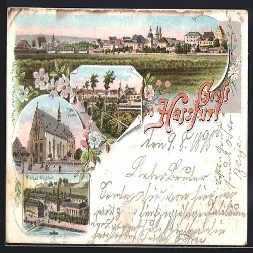 Lithographie Hassfurt, Wildbad Hassfurt, Ritter-Kapelle, Ortsansicht