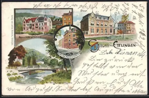 Lithographie Ettlingen, Post, Augusta-Strasse, Ecke der Parkstrasse, Wappen