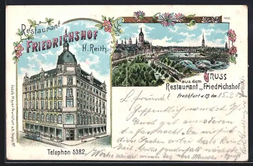 Lithographie Frankfurt a. M., Restaurant Friedrichshof H. Reith, Mainpartie mit Stadtpanorama
