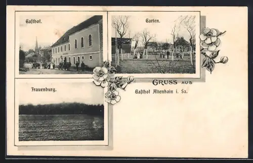 AK Altenhain / Trebsen, Gasthof mit Strasse, Versammlung, Strasse u. Kirche, Garten Frauenburg