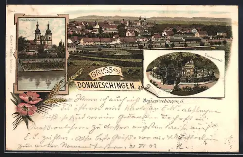 Lithographie Donaueschingen, Stadtkirche, Donauquelle, Gesamtansicht