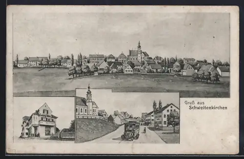 Künstler-AK Schweitenkirchen, Geschäftshaus Ludwig Weber, Strassenpartie mit Kirche u. Kutsche, Ortspanorama