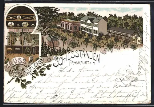 Lithographie Frankfurt-Niederrad, Gaststätte Bürgerliche Schiesstände, Gesamtansicht von oben, Schiessstand mit Schütze