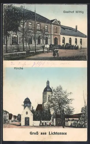AK Lichtensee, Gasthof Wittig und Blick auf die Kirche
