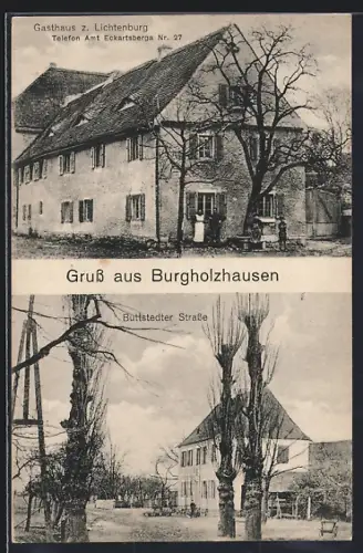 AK Burgholzhausen / Eckartsberga, Gasthaus z. Lichtenberg, Blick in die Buttstädter Strasse