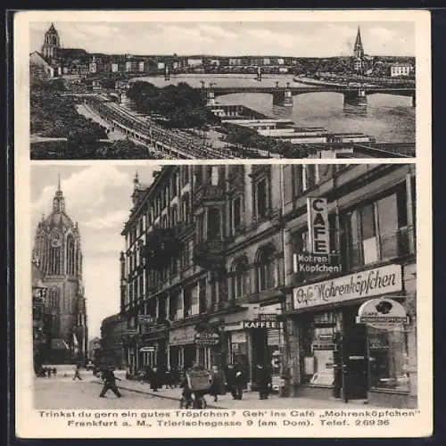 AK Alt-Frankfurt, Café Mohrenköpfchen in der Trierischegasse 9, Blick auf den Dom, Mainpartie mit Brücke