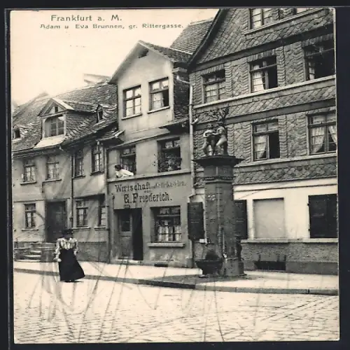 AK Frankfurt-Sachsenhausen, Partie aus der Rittergasse mit Adam- und Evabrunnen