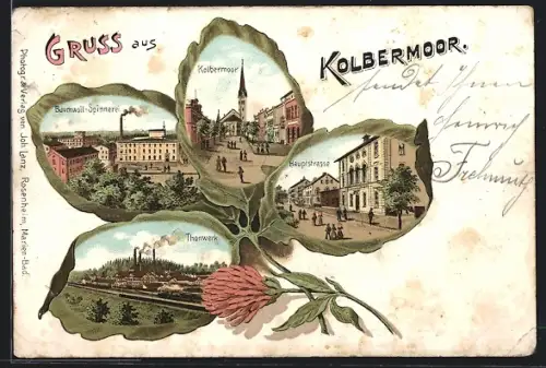 Passepartout-Lithographie Kolbermoor, Baumwoll-Spinnerei, Haupstrasse, Thonwerk im Kleeblatt-Passepartout