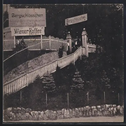 AK Bischleben, Gasthof Bergschlösschen, Wiener Kaffee, Inh. Eduard Willig, Treppe zum Gasthof