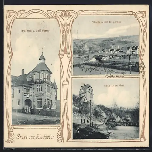 AK Bischleben, Conditorei u. Cafe Werner, Partie an der Gera, Blick nach dem Steigerwald