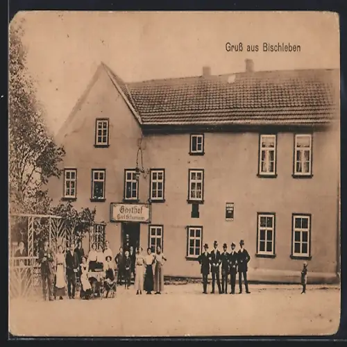 AK Bischleben, Gruppenbild vor dem Gasthof Karl Schuhmann