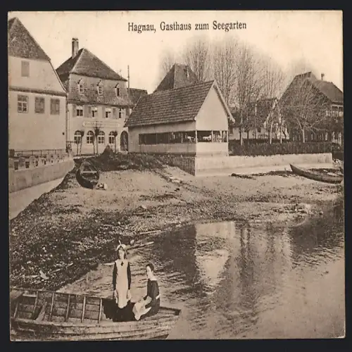 AK Hagnau, Gasthaus zum Seegarten, Zwei Frauen in einem Boot am See