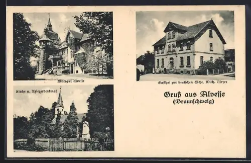 AK Alvesse bei Braunschweig, Gasthof zur deutschen Eiche, Inh. Wilh. Meyer, Rittergut Alvesse, Kirche und Kriegerdenkmal