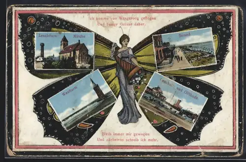 Schmetterling-AK Wangeroog, Leuchtturm, Kirche, Westturm, Frau mit Schmetterlingsflügeln