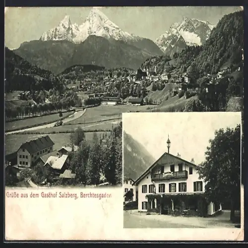 AK Berchtesgaden, Gasthof Salzberg und Ortspanorama mit Bergen