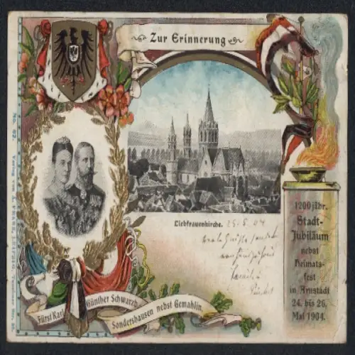 AK Arnstadt, Fürst Karl Günther von Schwarzburg in Uniform mit Orden und Gattin, Liebfrauenkirche