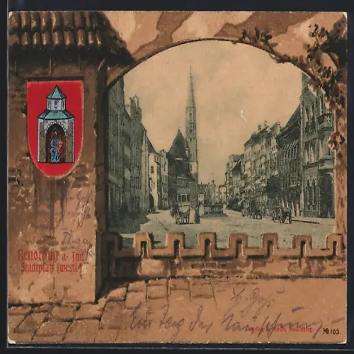 AK Neuötting a. Inn, Westl. Stadtplatz mit Kutschen, Wappen