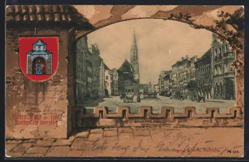 AK Neuötting a. Inn, Westl. Stadtplatz mit Kutschen, Wappen