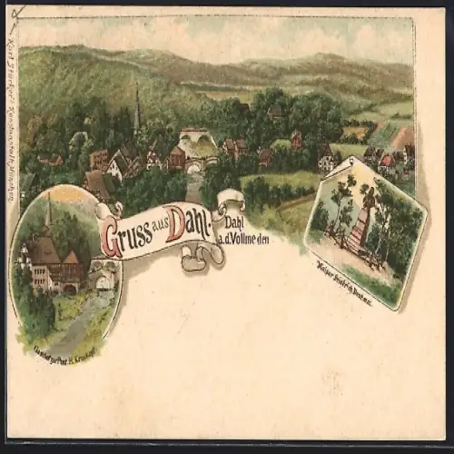Lithographie Dahl / Volme, Gasthof zur Post, Kaiser-Friedrich-Denkmal