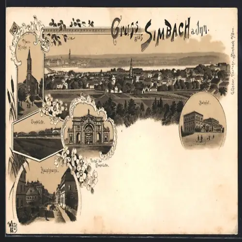 Lithographie Simbach a. Inn, Hauptstrasse, Bahnhof, Innbrücke und Pfarrkirche