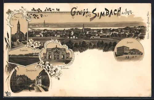 Lithographie Simbach a. Inn, Hauptstrasse, Bahnhof, Innbrücke und Pfarrkirche